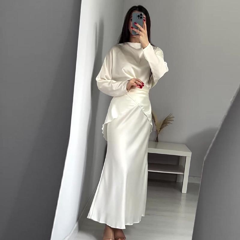 2024 Autumn European and American Style Round Neck Solid Color Two-Piece Look Waist-Gathering Slimming Dress for Women