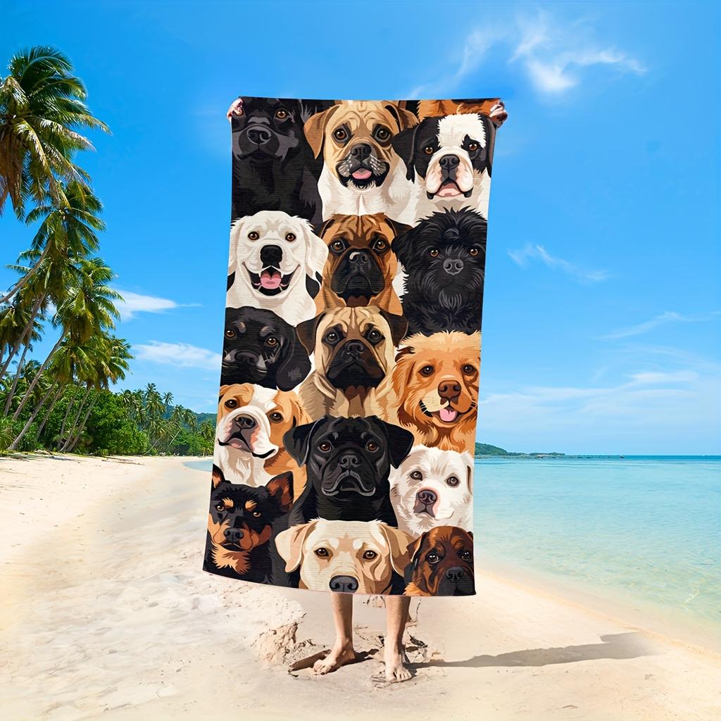 Microfiber Oversized Beach Towel with Cute Dog Print - Modern Style, Machine Washable, Animal Theme, Soft Knit Fabric,   Pool