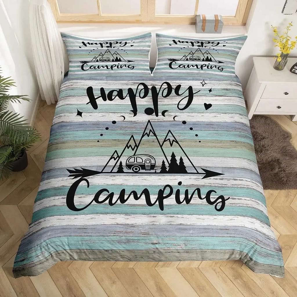 Happy Camping Bettbezug-Set Camper Bettdeckenbezug Vintage Alte Scheunentür Bettwäscheset Cowboys Holz Bauernhausstil Tagesdecke