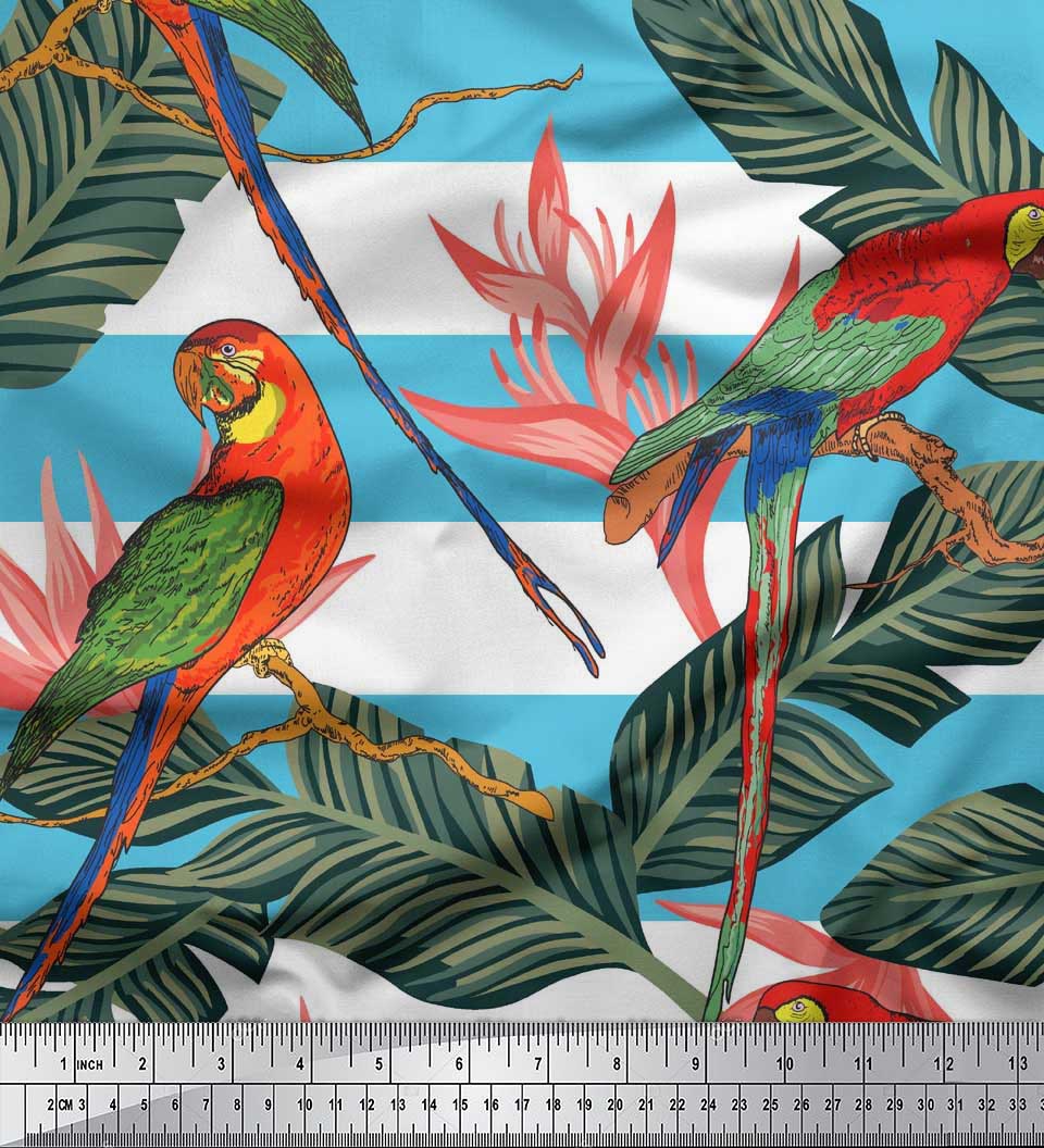 

Soimoi Orange Modal Satin Fabric Tropical Leaves|Stripe & Parrot Bird Print Тканина у дворі 42 дюйма 56 Inch Wide - Cotton Cambric синій