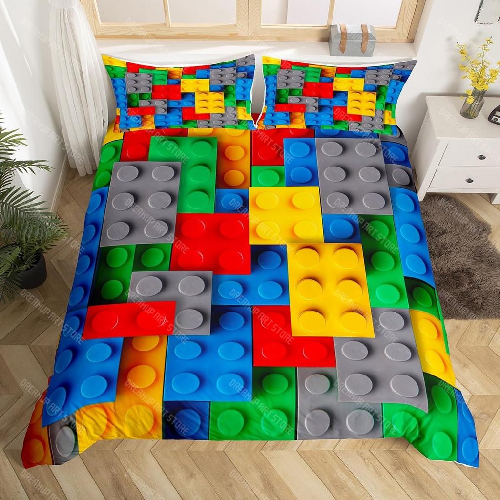 3D Building Block Pattern Duvet Cover Set Boys Girls Bedroom Fun Brick Printing Bedding Set Geometric Rectangle Comforter Cover