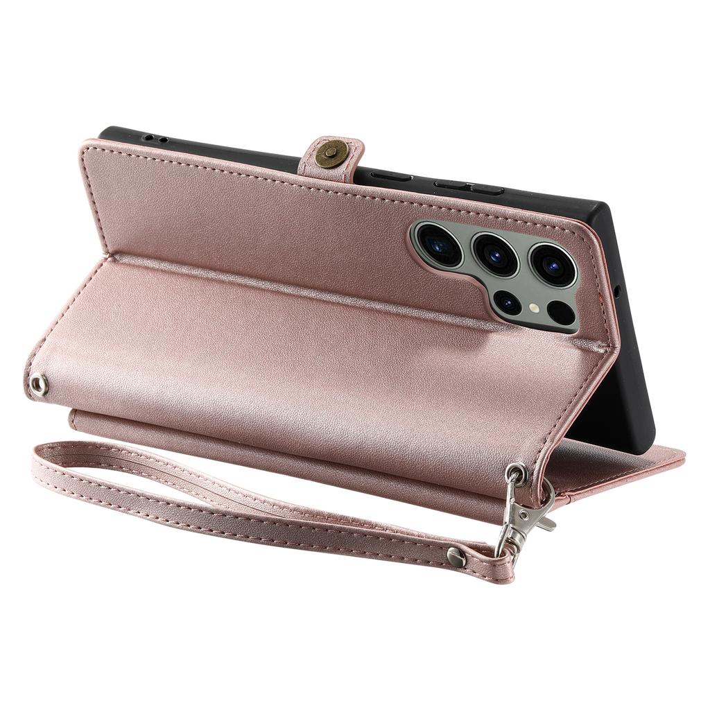 Etui skórzane na Samsunga Galaxy S25 Ultra z paskiem na nadgarstek, portfelem i podstawką, pokrowiec na telefon