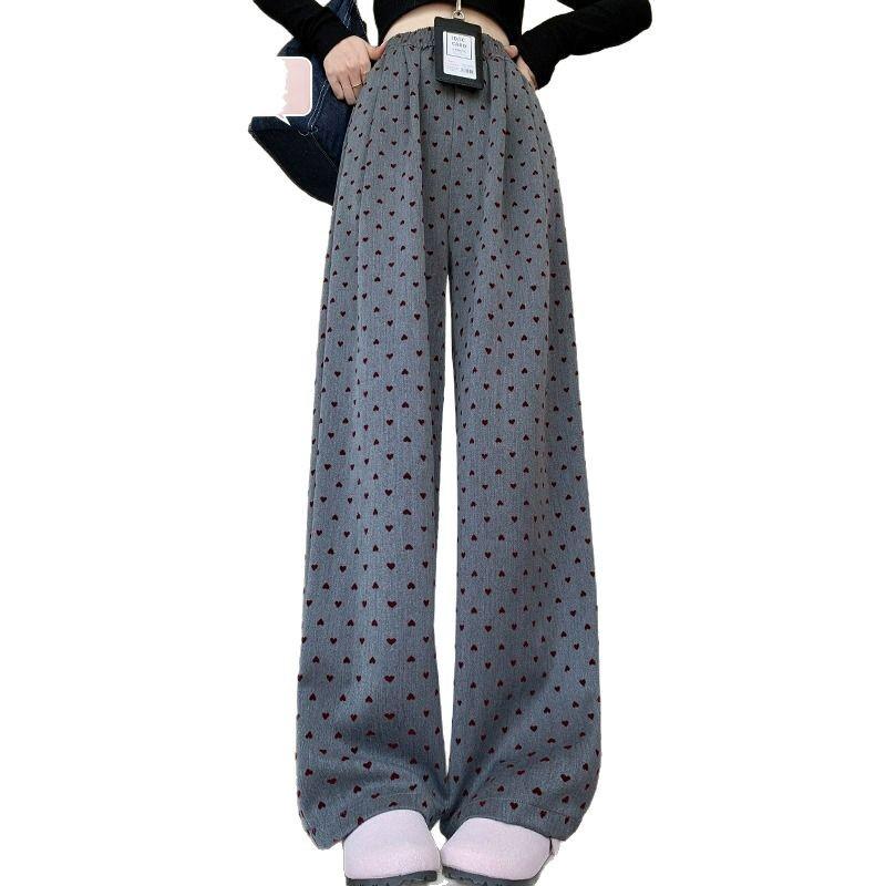 Dark Grey Heart Pattern Wide Leg High Waist Petite Women's Trousers - Spring/Summer Casual Straight Leg Floor Length Pants