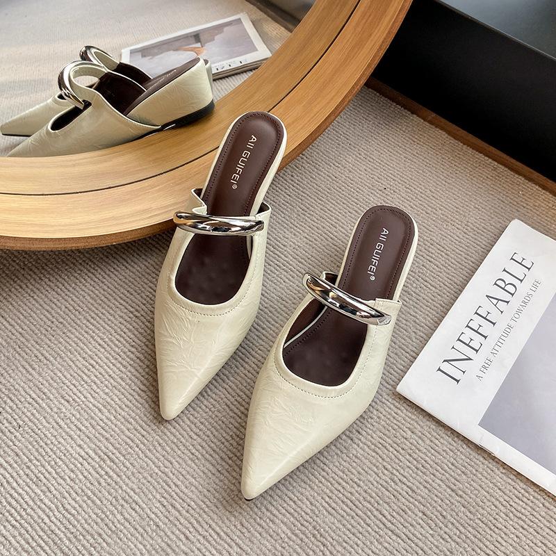 2025 spring temperament pointed metal one-word bag head half slippers pointed shoes