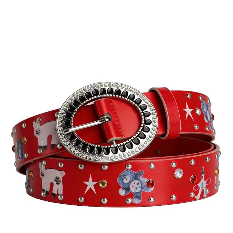 American Retro Cartoon Graffiti Belt, Hot Girl Waist Belt with Rhinestone Buckle, Rivet Decoration and Bear Ornaments