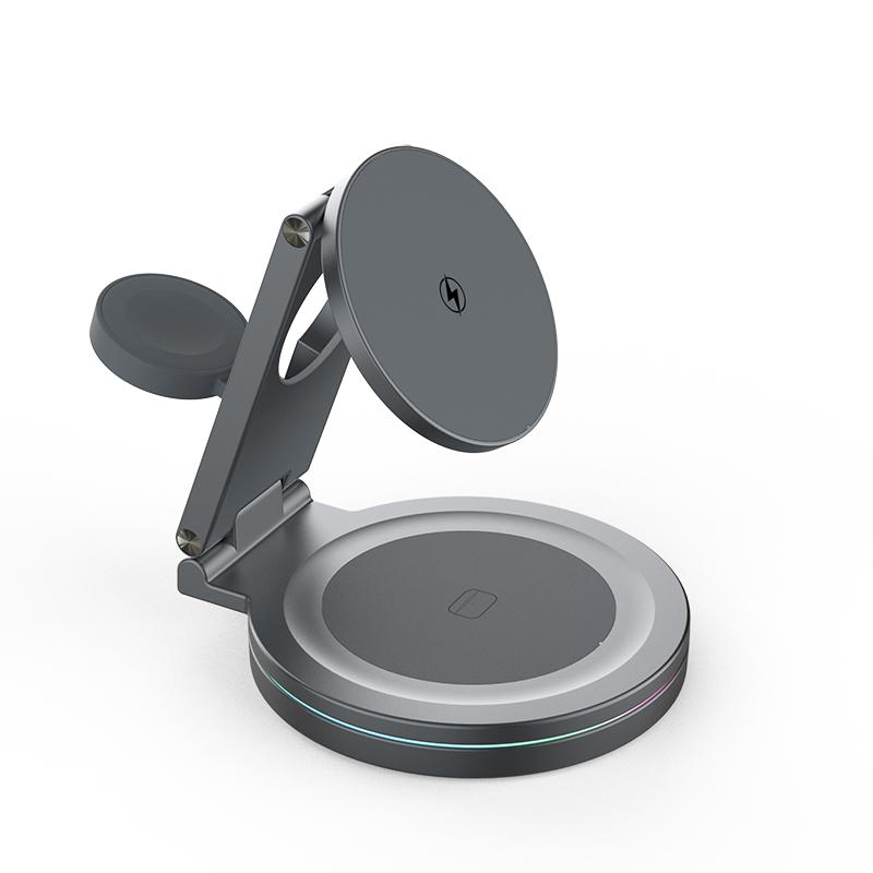 

Складная магнитная беспроводная зарядная станция 3-в-1 для серии iPhone 12~16, AirPods, iWatch, портативное дорожное зарядное устройство с вращением на 360 градусов