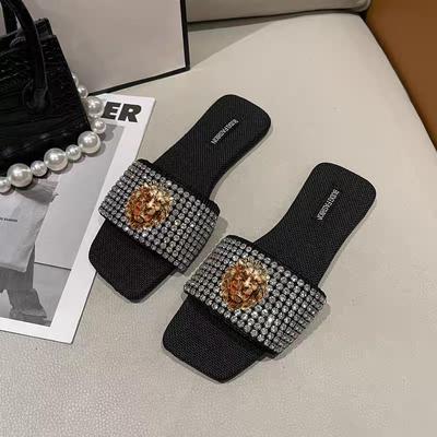 Fashion Luxury Diamond Slippers Women Wear Summer New Fa Shion Flat Bottom Net Red Rhinestone Flip-flops Fashio Slipper Sandle T21