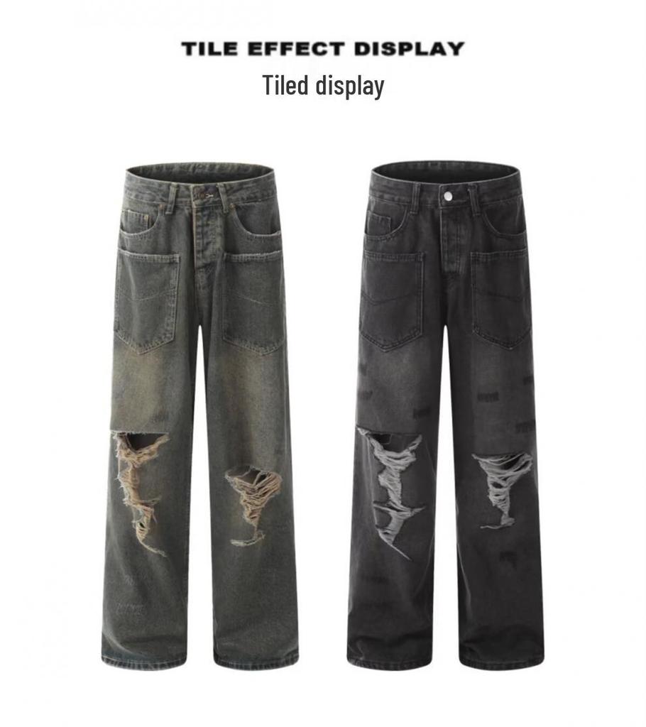 2025 American Retro Autumn Ripped Jeans for Men and Women - Trendy High-End Design with Reversible Wear.