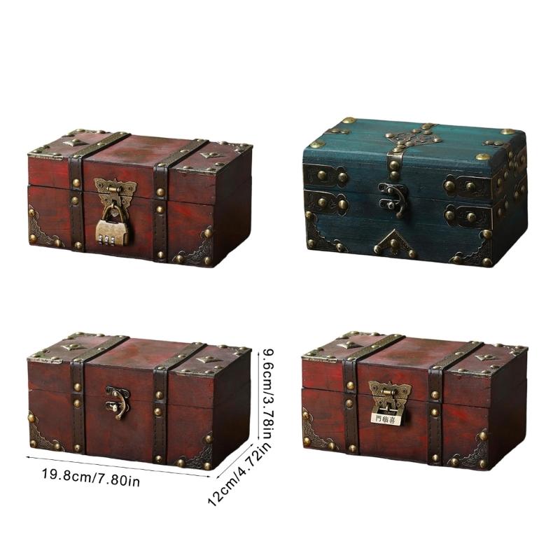 Antique Wooden Storage Box with Lock Decorative Hinged Lid Small Chest for Coin Jewelry Keepsakes Home Decoration