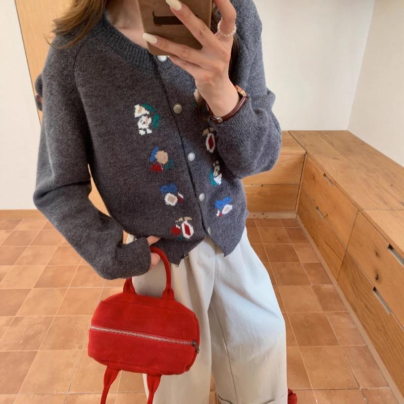 Vintage Autumn and Winter Heavy Industry Jacquard Embroidered Knitted Cardigan Women's High-end Sense Casual Loose Thickened Sweater Jacket Women
