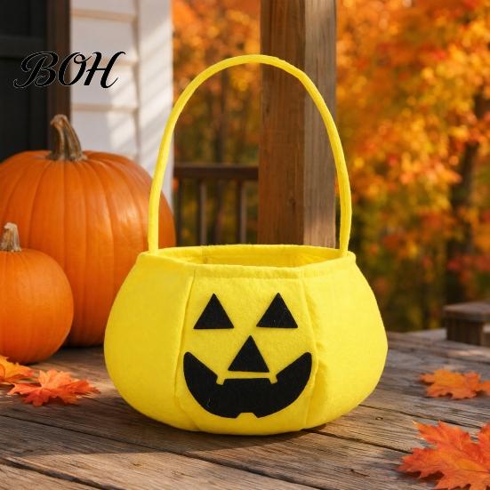 Halloween Party Decoration Pumpkin Candy Bag for Kids, Reusable Non-Woven Trick or Treat Bucket, Bucket Face Snack Holder Basket with Handle