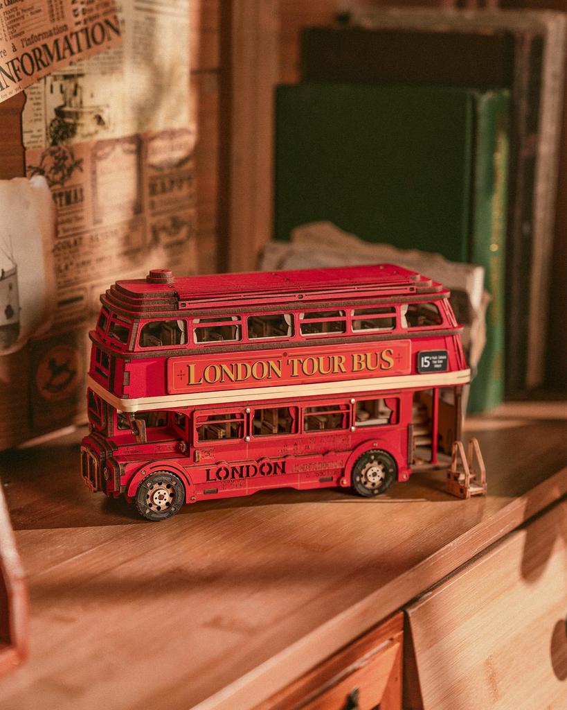 Rolife 3D Wooden Car Assembly DIY London Bus Wooden Puzzle Interior Gift Idea for Kids and Boyfriends Puzzle, Beginner's Kit, Craft, Model, Decor,