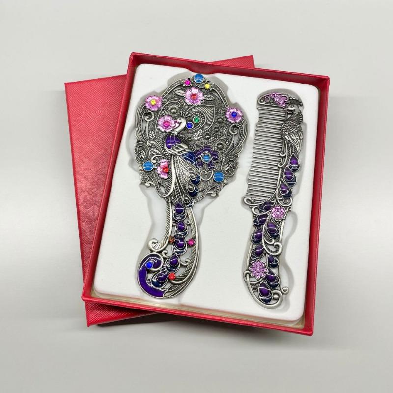 1SET Creative Retro Peacock Open Screen Small Mirror Handle Metal Makeup Mirror Portable Mirror Comb Set Holiday Gifts
