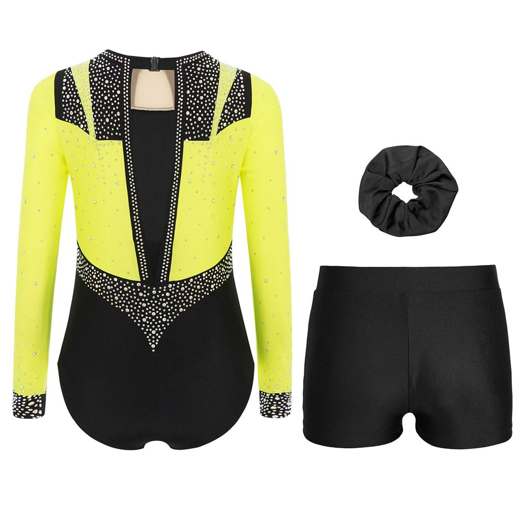 Girls Gymnastics Figure Skating Dance Set 3Pcs: Long Sleeve Keyhole Back Rhinestone Leotard with V-Front Shorts & Hair Band