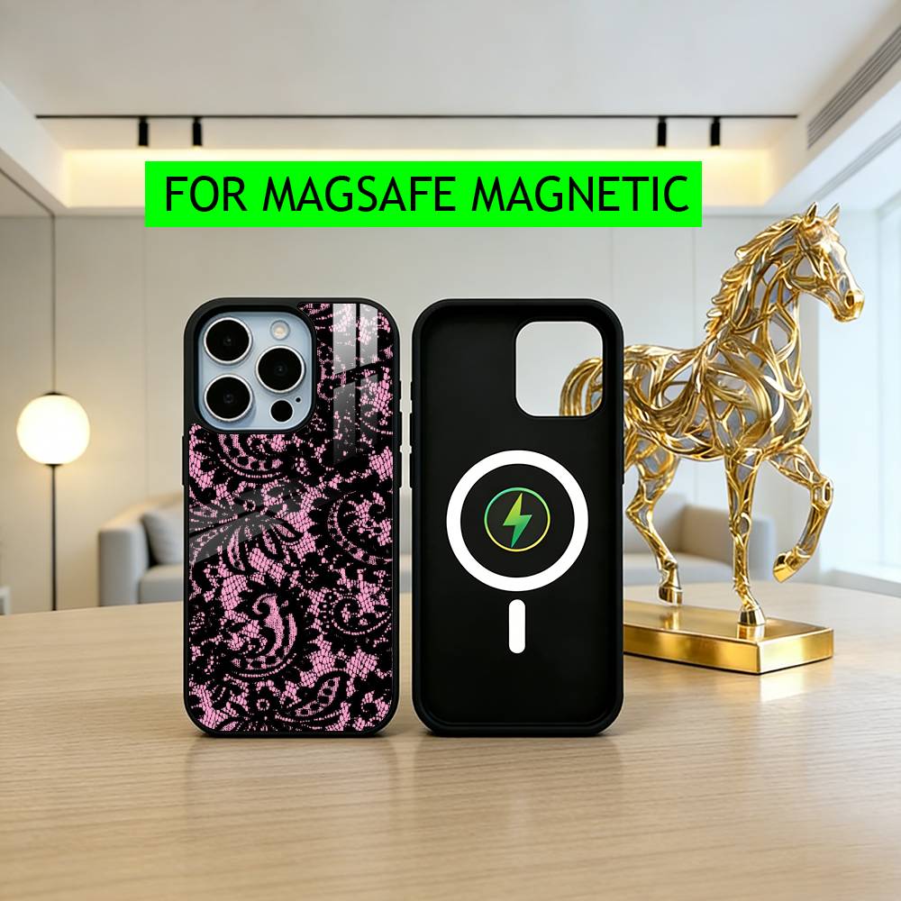 Beautful Black L-lace Print Phone Case For iPhone17,16,15,14,13,12,11 Plus,Pro Magnetic For Magsafe Wireless Charging