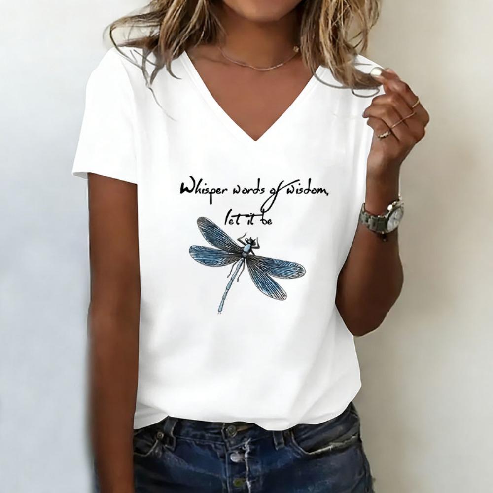 

Casual Let It Be Butterfly T-shirt V Neck Vintage Fashion T Shirts Women Short Sleeve Tee Shirt V-Neck Summer Spring S