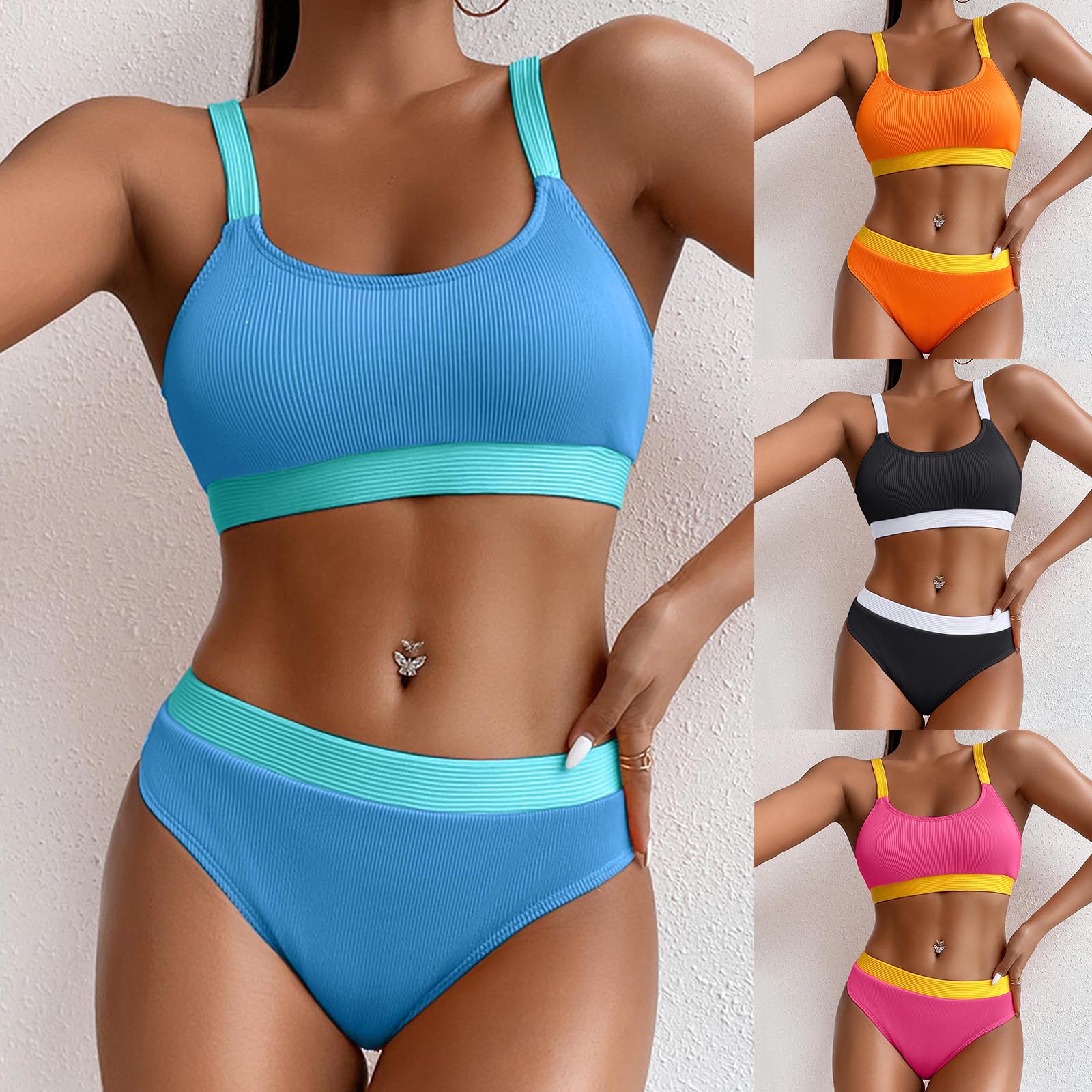 

Women Sport High Waist Bikini Set Ribbed Cotton Push Up Swimsuit Female Patchwork Color Block Swimwear XL