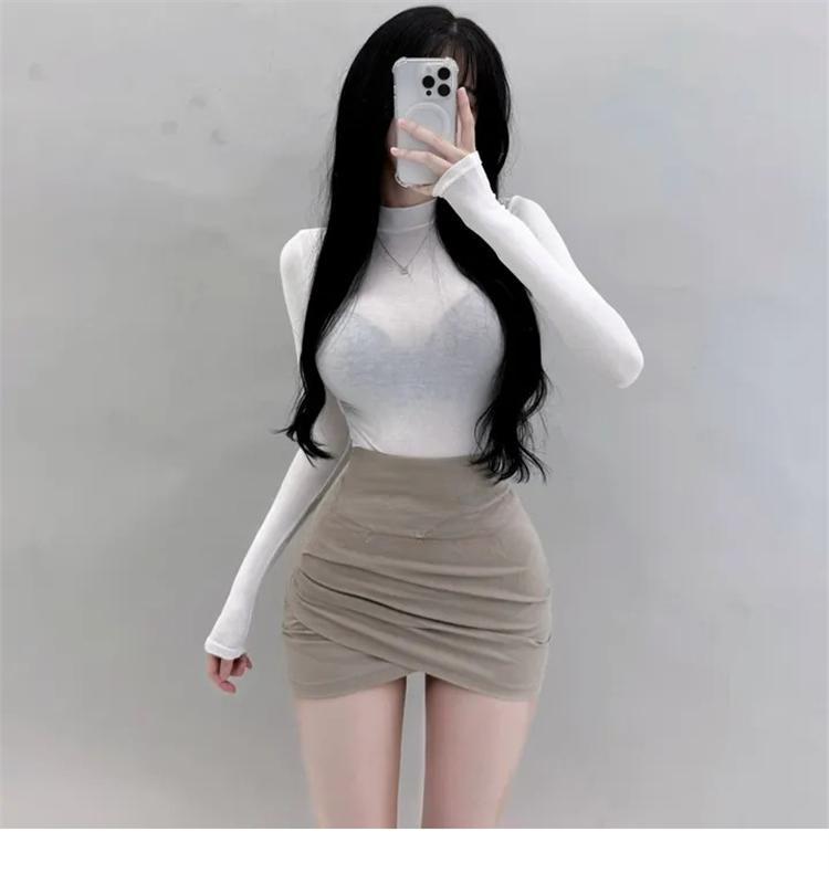 Elegant Slim Fit Sheer Long Sleeve High Neck Bodycon T-Shirt for Women - Korean Autumn/Winter Style