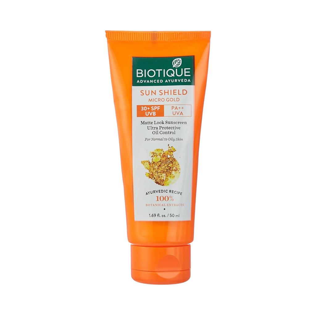Biotique Scudo Solare SPF 30 Crema Opacizzante 50ml – Crema Solare Oil Control Con Micro Oro Per Pelli Normali Protezione Ultra