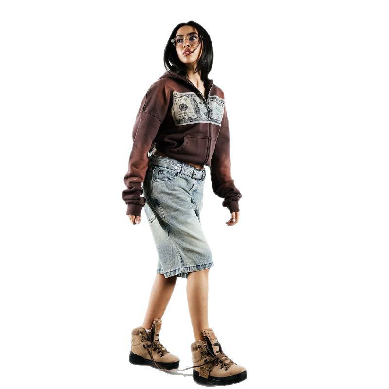 Y2K Men's Oversized Dollar Print Zip-Up Hoodie - Retro Harajuku Streetwear Style