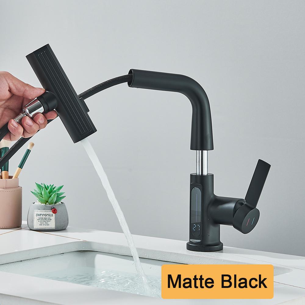 

White/black bathroom sink faucet with digital temperature display, pull-out arm, waterfall spout and hot and cold water mixer. G1/2
