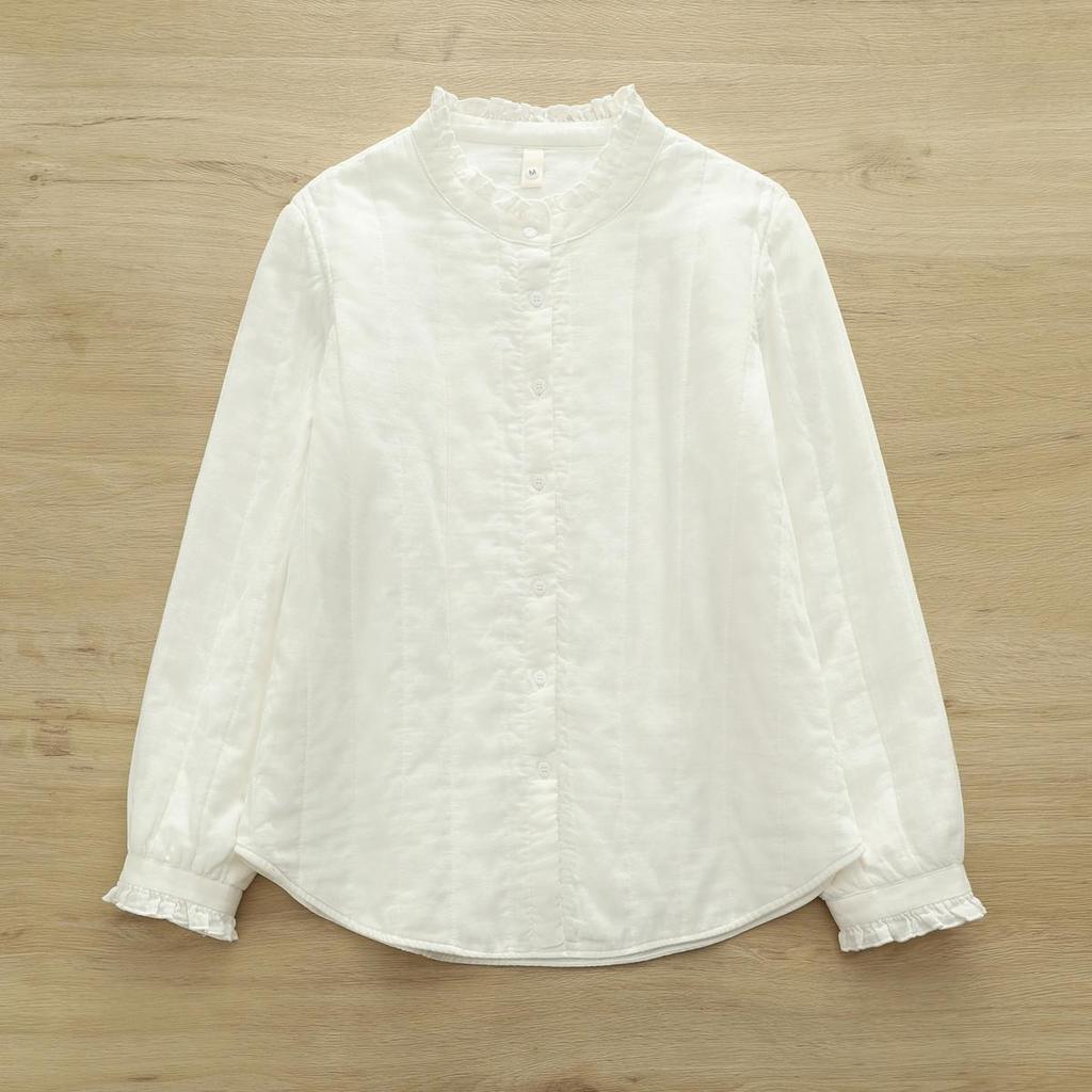 Women's Elegant Quilted Lace Stand Collar Shirt - 2025 Autumn/Winter Cotton Warm Base Layer Top