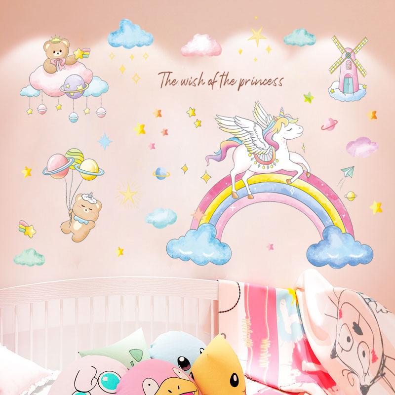 Unicorn Wall Stickers for Girls Room Decor, Rainbow Princess Cartoon Wall Decals, Cute Fantasy Nursery Bedroom Wall Art for Kids Room Decorations