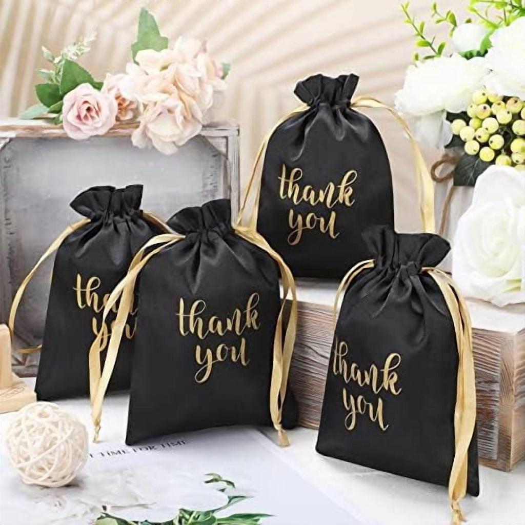 50 Pcs Black & Gold Satin Thank You Gift Bags (5x7") with Drawstring – for Jewelry, Candy, Wedding, Baby Shower, Christmas, Thanksgiving –