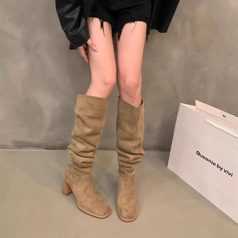 Fashion New Style Ladies Shoes Fashion Women's Boots Winter Keep Warm Pointed Toe Suede Solid High Tube Chunky Heels Boots