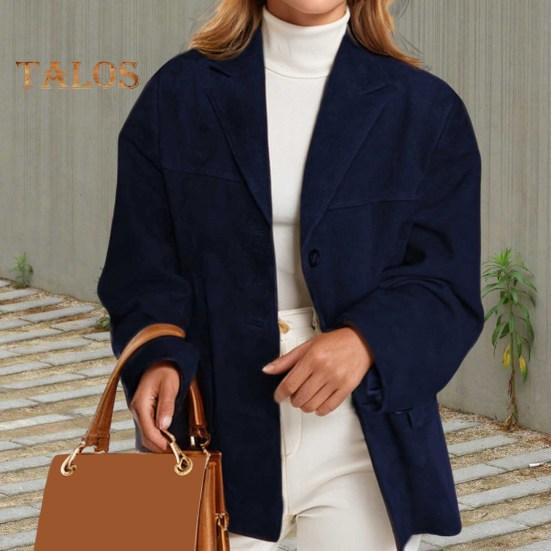 Damenjacke Vintage OL Pendlerstil Umlegekragen Einreihig Einfarbig Locker Mittellanger Mantel Herbst Winter Lässige Oberbekleidung