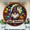 Colorful Gnome Pumpkin Spooky Halloween Decor Round Wooden Hanging Plaque Festive Door Sign Wall Ornament Indoor Outdoor Party Decoration
