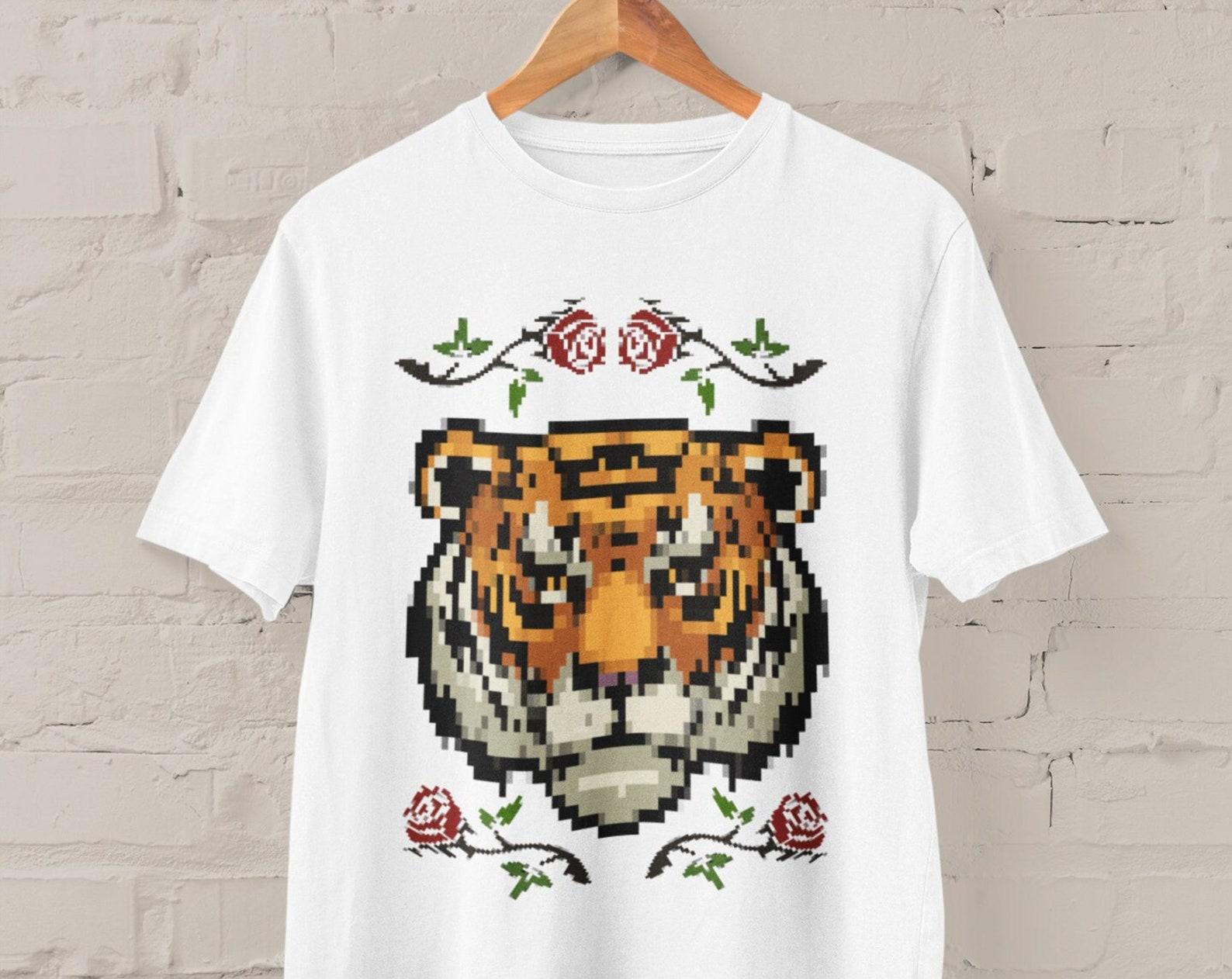 Japanese Aesthetic Tiger Shirt, Alternative Clothing, Retrowave Japanese Streetwear, Pixel Art Clothing, Harajuku Clothing, Grunge Clothes S