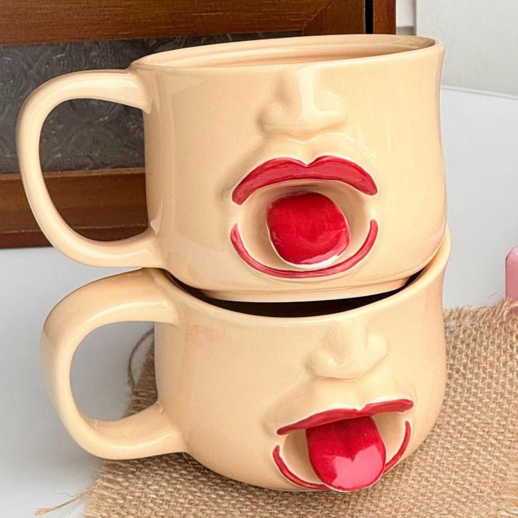 Funny Coffee Mug With Spoon Handle 255ml Drinkware Funny Face Ceramic Coffee Mugs For Women Men Birthday Holiday Housewarming
