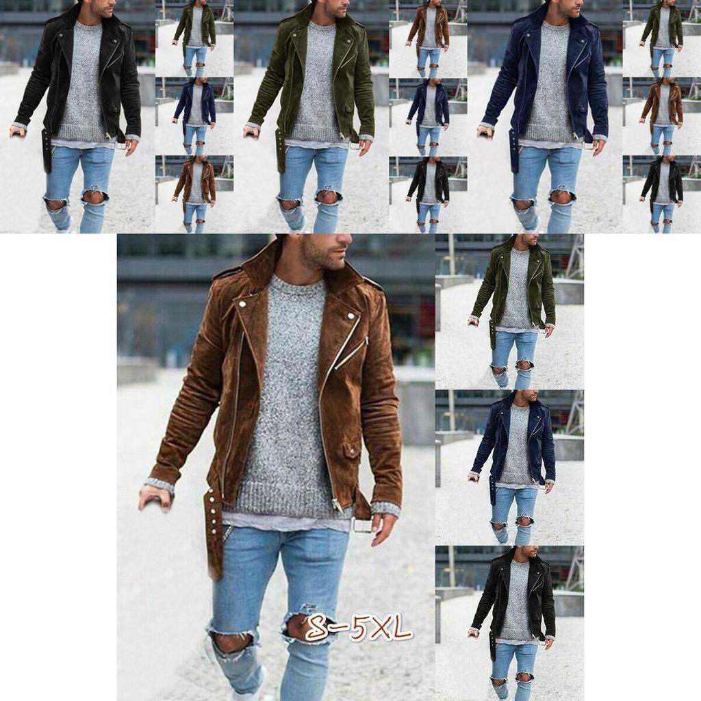 Men's Slim Faux Suede Leather Jacket With Lapel Collar And Zipper Closure For Autumn