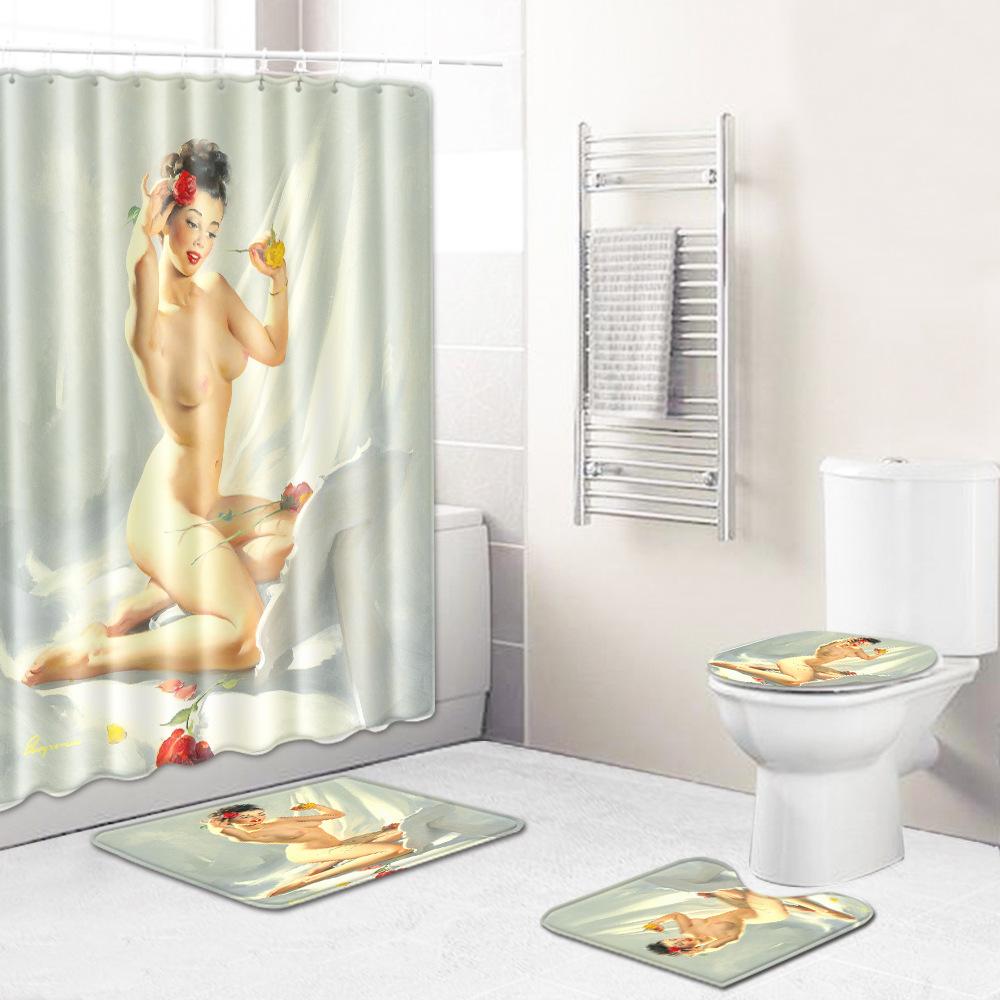 African American Women'S Bathroom Four-Piece Combination Set Household Door Mat Absorbent Non-Slip Floor Mat Carpet