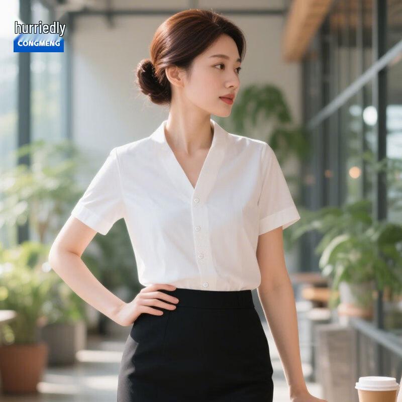 Chong Meng Women s V-Neck Short Sleeve Professional Blouse S