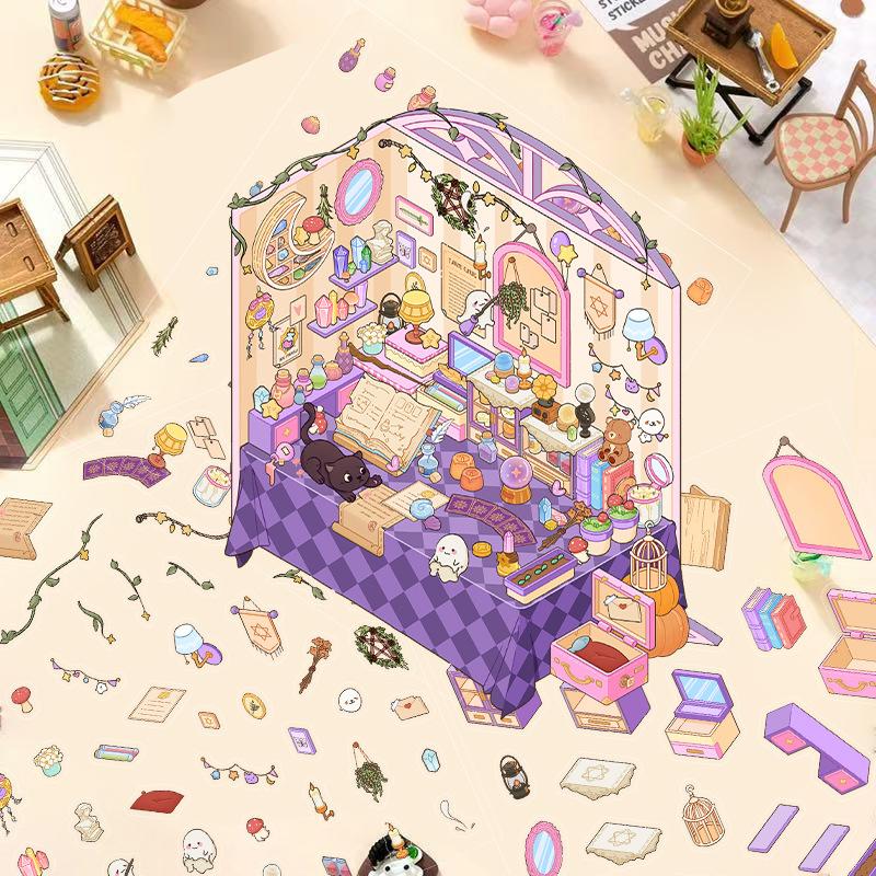 Kreslené krajinné samolepky Vícenásobný miniaturní svět 3D chata Rozbalit DIY scéna Ruční příspěvek