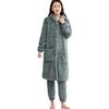 2 Pcs/Set Women Winter Bathrobe Pants Set Thick Fleece Keep Warm Hooded Robe with Pockets Loose Homewear Sleepwear Pajamas