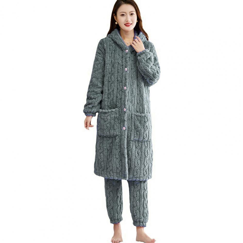 2 Pcs/Set Women Winter Bathrobe Pants Set Thick Fleece Keep Warm Hooded Robe with Pockets Loose Homewear Sleepwear Pajamas