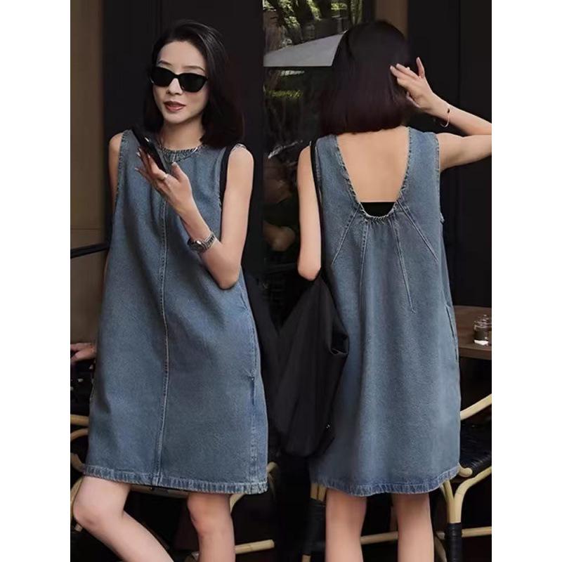 Retro French Sleeveless Backless Denim Dress - 2026 Women's Summer Loose Slimming Short Skirt