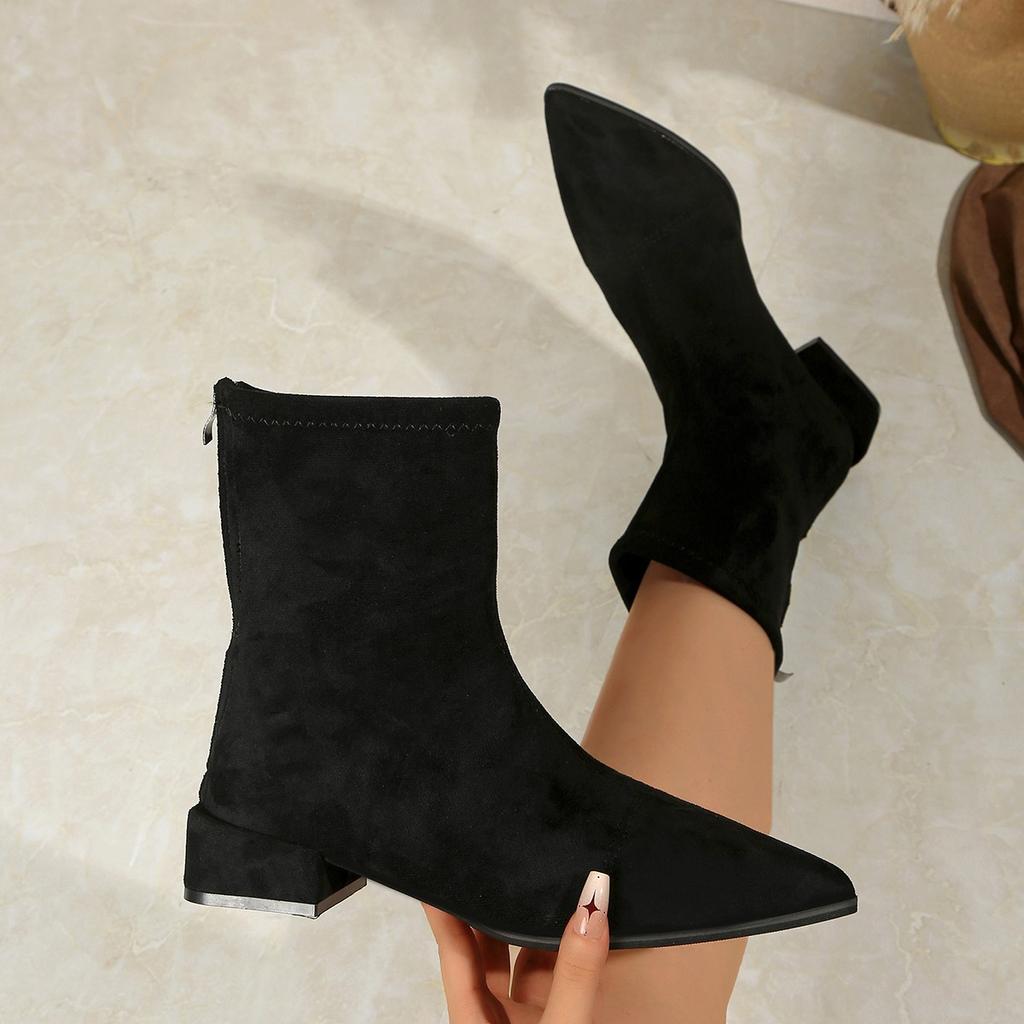 Skinny pointed middle heel Martin boots winter large size rear zipper suede short boots women