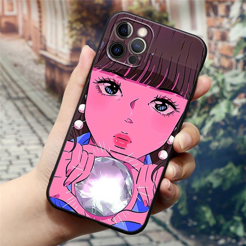 Super Cute Girl Anime Phone Case for iPhone14 13 12 11 PM Pro Max 8 7 SE XR XS Plus Black Soft Silicon Cover Fundas Coques Shell