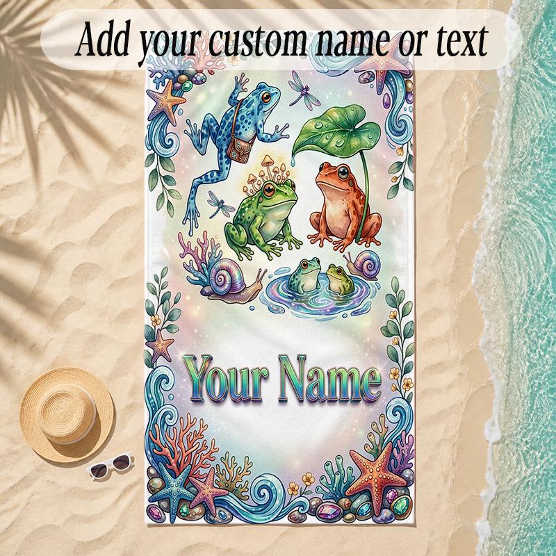 Frog Theme Soft Beach Towel Personalized Custom Name Text Towel Portable for Beach Pool Travel