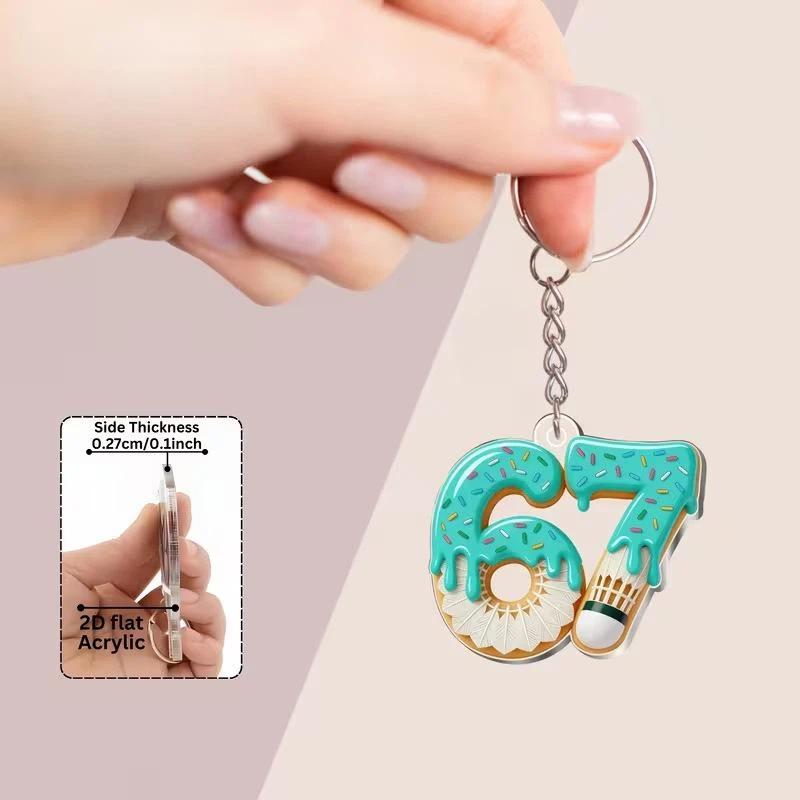 2D Flat Acrylic Keychain Cute Blue Icing Donut 67 Badminton Pattern Non-Fading Key Decor for Backpack Pendant