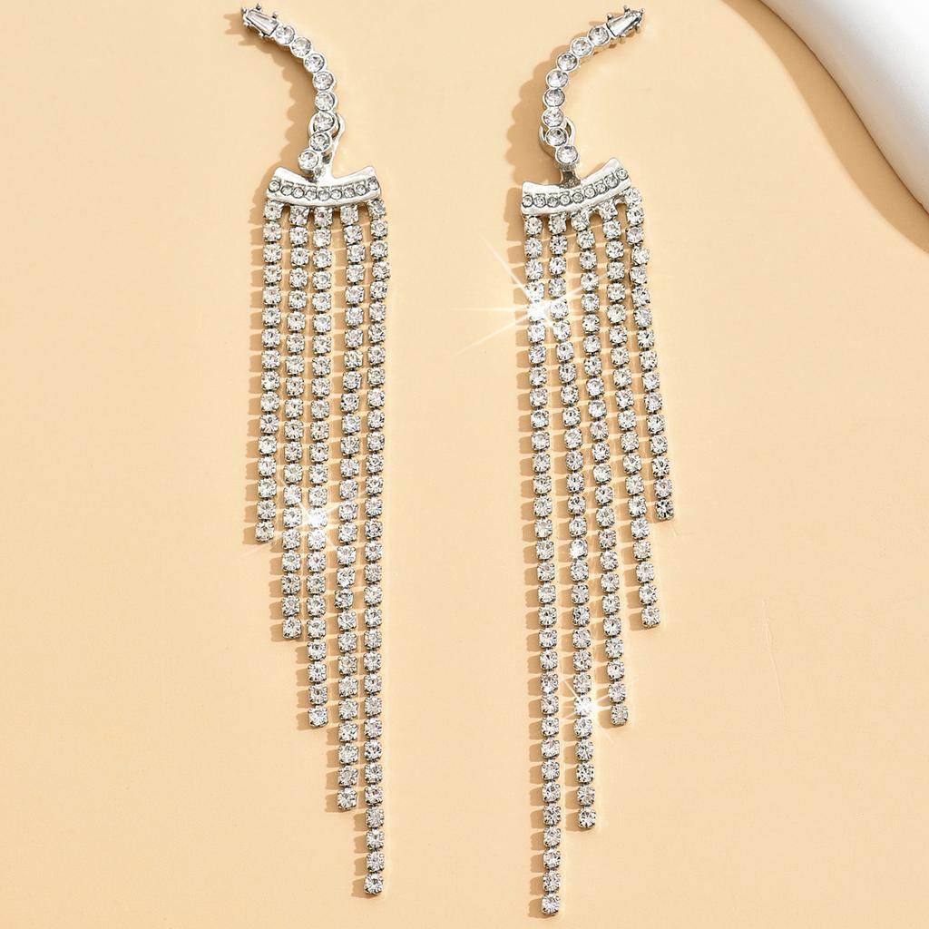 2 Curved Women's Pendant Earrings, Elegant Rhinestone Tassel Long Earrings, Gorgeous Zircon, Date Gift-4019
