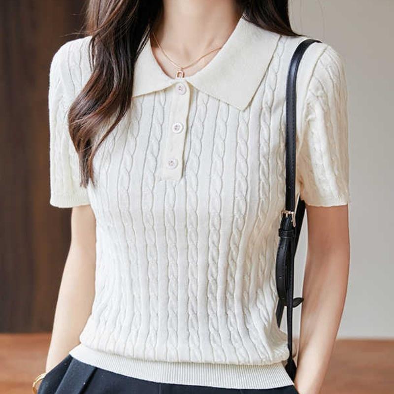 Premium lapel neck cotton short-sleeved women's twisted flower new POLO neck half-sleeved knitted sweater T-shirt top
