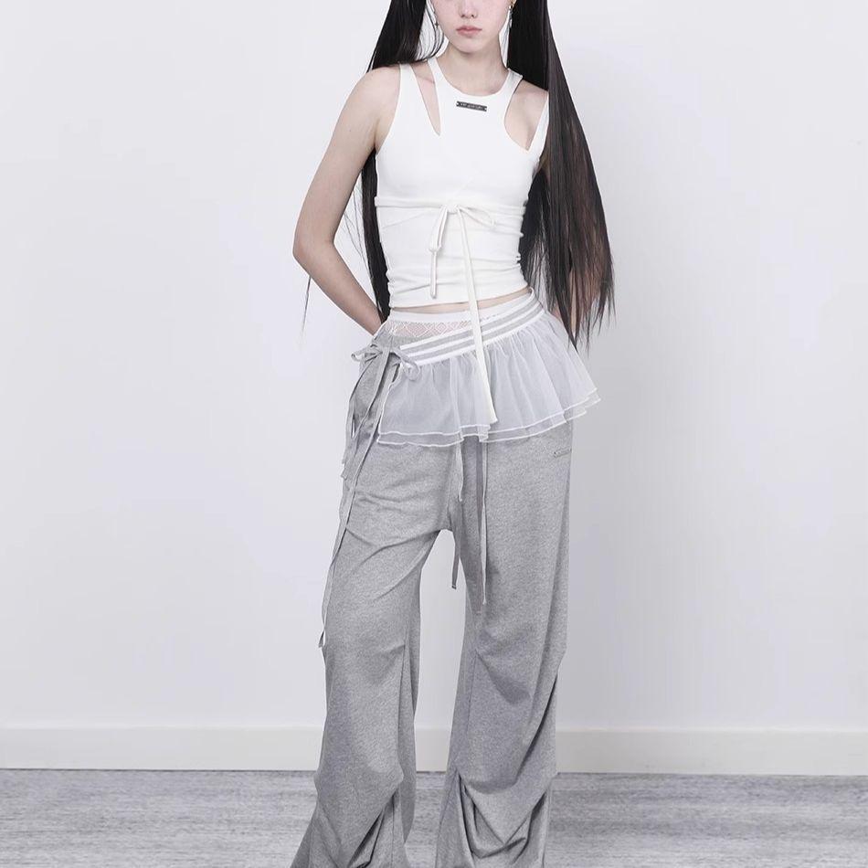 

Spicy Mesh Pleated A-Line Skirt with Elastic Waist & Drawstring - European/American Style for Spring/Summer One Size белый
