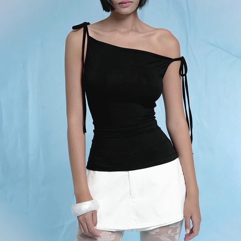 Women's summer new solid color suspender tied knot slim sexy slanted shoulder body vest women's wholesale