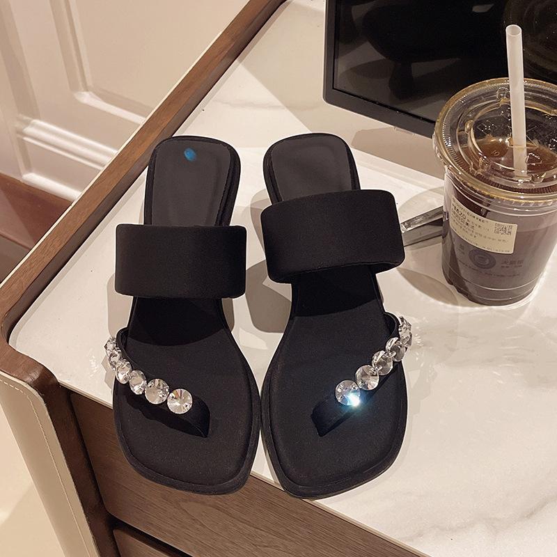 Fine-heeled rhinestone cool slippers for women's summer wear 2025 new square-toed high-heeled non-slip sandals for women