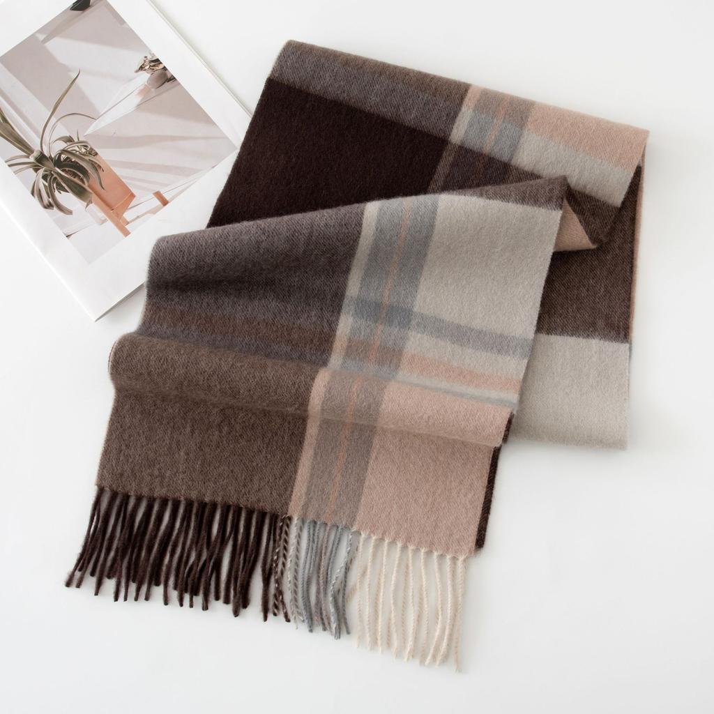 100% Wool Scarf High-end Women's Versatile Thickened Plaid Splicing Warm Scarf Dual-purpose